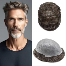 Toupee for Men Hairpieces 0.04mm Ultra Thin Skin Mens Toupee Human Hair Replacement System All V-Looped Hair Unit for Men Thin Poly Male Hair Prosthesis #330 3# DARK BROWN WITH 30% SYNTHETIC GREY
