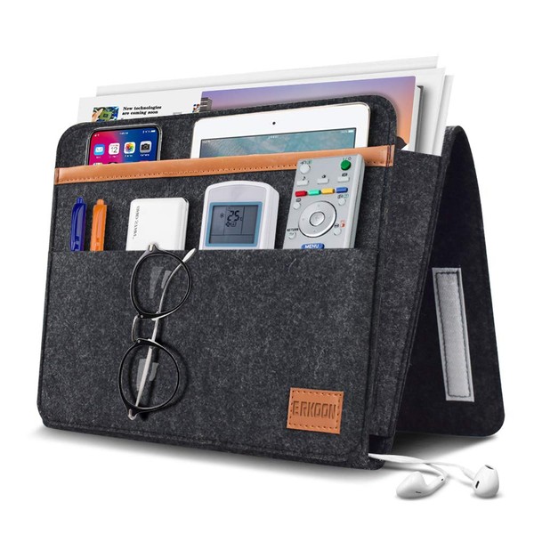 ERKOON Felt Bedside Caddy Thicker Bed Sofa Bedside Hanging Storage Organizer Bag Holder with Pocket for Books, Tablet, TV Remote Control, Phone, Accessories (Dark Grey)