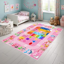 Kids Play Mat - Cartoon Kids Bedroom Rug Play Mat for Learning ABC Alphabet,Numbers,Animal,Colors,Season,Cute Classroom Rug for Children Girls Bedroom Decor,Pink,2.5x4 Feet