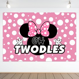 Oh Twodles Backdrop Banner Pink Cartoon Happy 2nd Birthday Theme Party Decorations Cheer to Two Years Old Photography Background Supplies for Girls