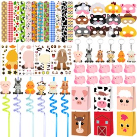 Farm Animals Party Favors Set 84 PCS Barnyard Animal Masks Sticker Keychains Straw Slap Bracelet Rubber Pigs Gift for Kids Birthday Party Baby Shower Goodie Bag Fillers Supplies