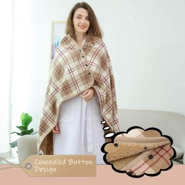 XING YE CHUAN Manta de Forro Polar, cómoda Manta de Poncho con Botones, Mantas de Felpa sin Mangas, para Mujer, Cubierta de Capa para diseño Ligero de Microfibra a Cuadros (Beige)