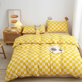 Lunoroey Duvet Cover Set Yellow Single Size Light Grey and White Checked Geometric Quilt Lightweight and Soft Microfibre Quilt for All Seasons