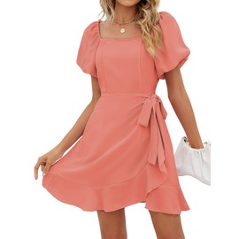 SAMPEEL Summer Dress Cocktail Party Fairy Going Out Data Night Cute Puff Sleeve Dress Coral