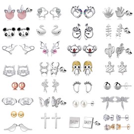 HYZ 30 Pairs Assorted Stainless Steel Stud Earrings for Women - Hypoallergenic Stud Earrings for Young Women-Unique Fairy earrings Faux Pearl Earrings Pink CZ Cat Stud Earrings for -s (#2)