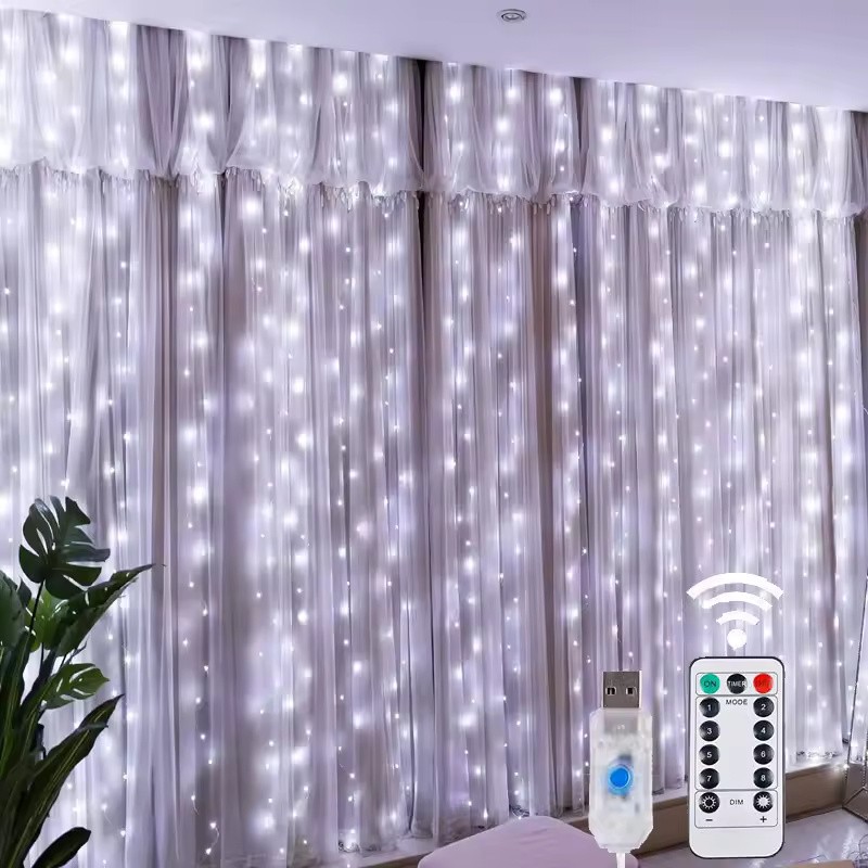 USB LED Curtain String Lights with Remote, 8 Modes Copper