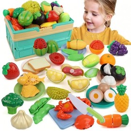 Frutas Y Verduras de Juguete para Cortar，79 Piezas Comida de Juguete para Niña，Aprender Mientras se Juega, Tiempo Familiar，Adecuado para niños de 3 a 