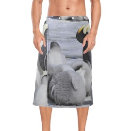 Kjovgcb Men's Half-Length Bath Towel Dress Bath Body Wrap, Absorbent Polyester Spa Towel Robe Bathrobe Elastic Waistband Print Emperor Penguins with Chick On Winter Snow