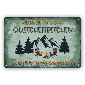 QYAYIK Camper Decor Sign, Camper Accessories for Inside, Camping Metal Sign Suitable for RV, Bar, Man Cave, Indoor and Outdoor on the Wall, Spring Decor, Welcome to Camp Sign 12“x8"