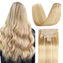 Sisily Clip in Hair Extensions Real Human Hair, Premium Human Hair Clip in Extensions Dirty Blonde to Bleach Blonde Highlight, Soft Straight Hair Extensions Real Human Hair Clip ins 7PCS （12 Inch）