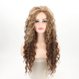 Fencca Brown Highlights Long Curly Wigs for Women Heat Resistant Synthetic Hair Brown Mixed Blonde Wave Curly Wig