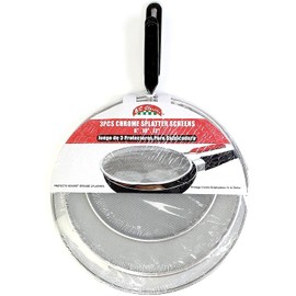 Bene Casa - Fine Mesh Chrome Splatter Shields with Cool Touch Handles and Hanging Loop Handle- 3 Piece Set (8",10", and 12") - Dishwasher Safe
