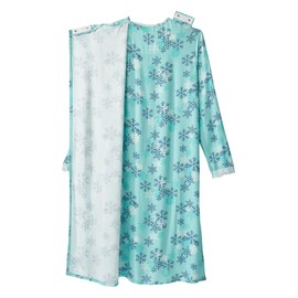 Women’s Open Back Adaptive Lace Trim Nightgown - Long Sleeve Flannel Hospital Gown for Seniors - Light Snowflakes MED