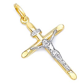 14k REAL Two Tone Gold Religious Crucifix Jesus Cross Charm Pendant (50 x 30 mm)
