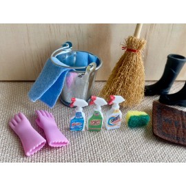 USAminiature 13 pcs Dollhouse Miniature Cleaning Bucket basket Supplies plunger glove Sponge - All 13 pcs sets