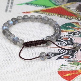 Keleny Natural Grey Labradorite Crystal 8mm Round Beads Adjustable Braided Macrame Tassels Bracelets Unisex