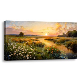 SERIMINO Large Wall Art for Living Room, Sunset Landscape Wall Decor, Meadow Wildflowers Canvas Prints Paintings, Marshland Scenery Pictures Home Decor for Bedroom Dining Room Kitchen 24"X48"