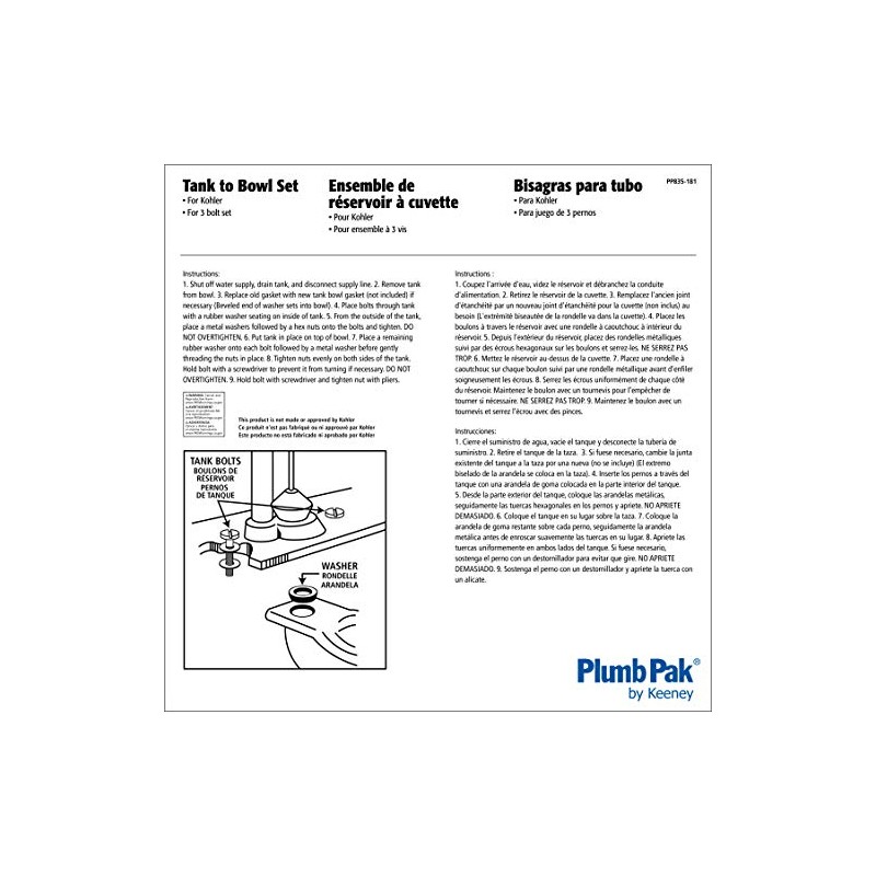 Keeney PP835-181 Tank to Bowl Bolt Set for Kohler