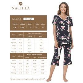 NACHILA Women’s Pajamas-Viscose Made from Bamboo, Short Sleeve Pjs Top with Capri Pajama Sets for Women Cool V Neck Sleepwear Navy Rose X-Large