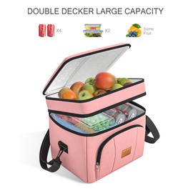 Rnivvi Lunch Box for Women, Double Decker Insulated Cooler Bag Lunch Bag Reusable Leakproof Tote Lunch Container with Strap for Work Family Picnic Hiking Camping, 18 Cans 12L, Large Adults, Rose Pink