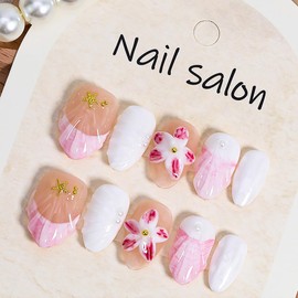 Handmade Press on Nails Medium Almond French Tip Fake Nails 3D Flower False Nails Hawaii Gold Starfish Gems Design Summer Stick on Nails Shell Ripple Full Cover Artificial Glue on Nails for Women 10Pc