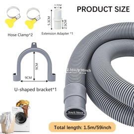 Drain Hose, 1.5 m Waste Water Hose, Drain Hose Extension Set, Includes Bracket, Hose Connector and Hose Clamps, for Washing Machine/Dishwasher/Dryer