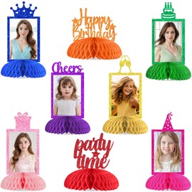 Cheereveal 8 Pieces Happy Birthday Honeycomb Centerpieces, Colorful Glitter Photo Table Topper, Cheer to 1st 2nd 3rd 16th 21st 30th 40th 50th Bday Anniversary Party Decorations Supplies