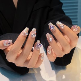 Pure Handmade Nails Press on Nail Reusable Fake Nails Silver&Golden RhineStones Bling Bling Medium Stick on Nails French Tip False Nails 10pcs (L, Q317 NAILS)