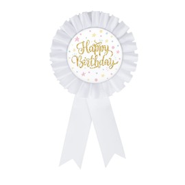 INNORU Satin Fabric Happy Birthday Tinplate Badge Pin, Boy or Girl Birthday Rosette Button Pins, Happy Birthday Party Accessory Brooch Pin, Children Adults Party Decorations White, Pack of 1