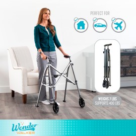 Stander Space Saver Walker Short, Lightweight Folding Rolling Mobility Aid for Juniors & Petite Adults, Compact 2-Wheel Disability Device with 6-inch Wheels & Rear Ski Glides, Matte Black