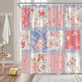ZRUWUA Boho Patchwork Shower Curtain Pink Floral Stitching Vintage Retro Bohemian Style Bathroom Decor Curtain with Hooks,70" WX70 H
