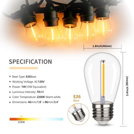 S14 Replacement LED Light Bulbs, Shatterproof & Waterproof 1W S14 LED Bulbs, E26 Base Patio Edison LED Light Bulbs for Outdoor String Lights , Warm White 2200K Plastic 70LM Non-Dimmable 30 Pack