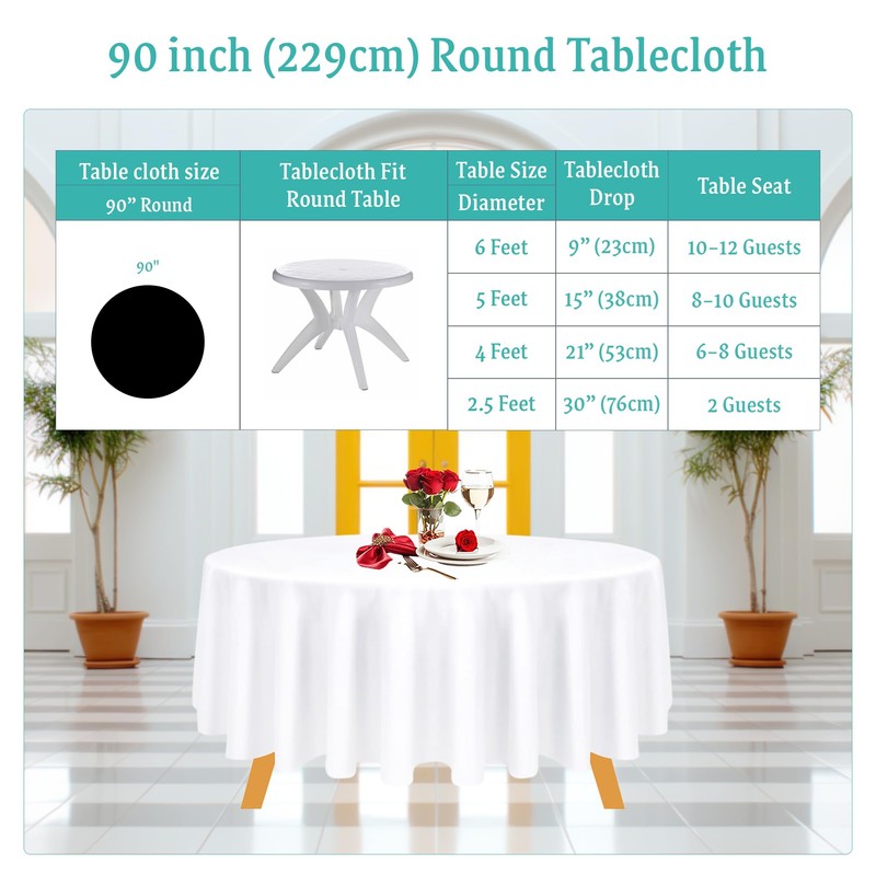 WedDecor 90 Inch White Round Tablecloth for Circular Table, Premium