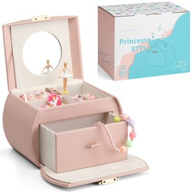 Vlando Musical Box Ballerina Jewellery Box, Lockable Jewellery Box Girls PU Leather with Drawers, Jewellery Box Children, Jewellery Box with Canon Melody, Children's Day Gifts for Girls