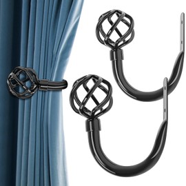 HIKMLK 2pcs Piano Black Metal Curtain Tiebacks - High-Gloss Solid Cast Iron Geometric Holdbacks & Side Holders, Luxury Pull Back Holders for Drapes Window Home Decor