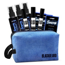 Blackbeard for Men 3x3 Grooming Set, Temporary Beard Color for Men, Hair Texture Spray SeaSpray, Anti-Aging Caffeinated SeaSoap, and Shaving Kit Bag, Mens Travel Kit Gift Set, Brown Auburn