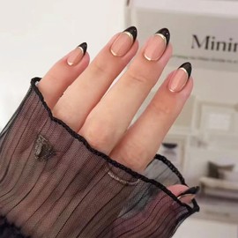 Black French Tips Press on Nails Curve Line Acrylic Fake Nails Medium-Short Almond Glossy Gold Wrap the Edge False Nails French Stick on Nails Curve Gel Glue on Nails for Coquette Women Girls 30 Pcs