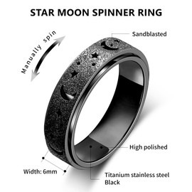LuckyAmor Anxiety Ring for Women Spinner Rings:Rotating Rings Stainless Steel 6mm Moon Star Anxiety for Men Band Jewelry Gift for Women Size 5 6 7 8 9 10