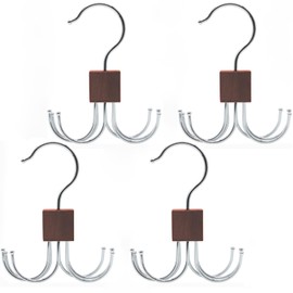 LMSAWK 4 Pieces 360 Degree Rotating Metal Belt Holder, Wooden Belt Hanger, Space Saving Belt Holder for Socks, Belts, Gloves, 6 Hooks, Retro Colour