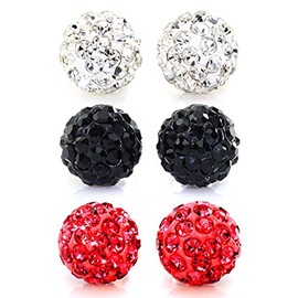 JewelrieShop Rhinestones Crystal Ball Stud Earrings Set Fireball Disco Ball Pave Bead Earrings Hypoallergenic for Women 8mm x 3 Pairs (White, Jet Black, Siam Red)