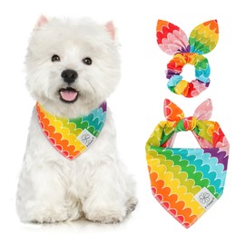 E-Clover Rainbow Dog Bandanas & Matching Scrunchie Set Girl Cute Pride Dog Scarf Bibs Pet Bandana with Bow Tie for Small Dogs Puppy Owner Mom Summer