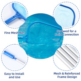 Pool Skimmer Net, Swimming Leaf Rake Fine Mesh Frame Net with 5 Section Telescoping Pole, Swimming Pool Cleaning Leaf Skim Net Clean Remove Leaves Debris Fast for Pool, Spa, Hot Tub, Pond Cleaning