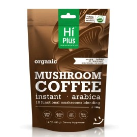 HiPlus Organic Instant 10-in-1 Mushroom Coffee Powder, 14oz | Weight & Immune Support | Premium Arabica Coffee with Lion’s Mane, Chaga & Reishi