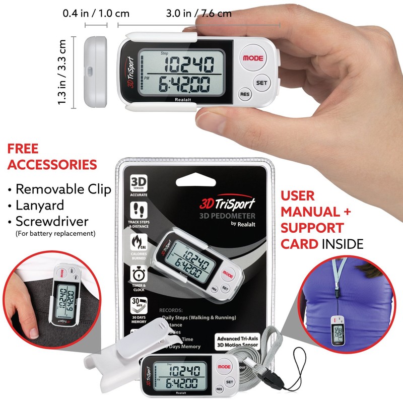 Realalt 3DTriSport 3D Pedometer, Accurate Step Counter with Clip and