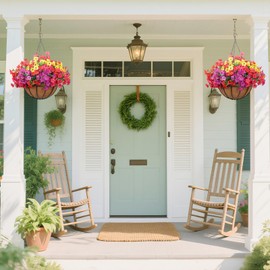 PABREY 2 Pack Outdoor Artificial Flowers with Hanging Basket, Fake Hanging Flowers Faux Hanging Plants for Spring Summer Front Porch Patio Yard Garden Home Decor (Red, Purple, Yellow, Hot Pink)