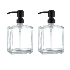 Kmeino Square Clear Glass Dish Soap Dispenser Set 2 Pack, Black Refillable Hand Soap Dispenser with Rust Proof Stainless Steel Pump 2 x 13.5 oz Lotion Dispenser for Bathroom Vanity Kitchen