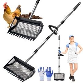Chicken Poop Scooper & Rake 2-in-1, 32 to 68" Adjustable Stainless Steel Chicken Litter Scoop with Handle and Glove for Chick Coop Sands Multifunctional Litter Sifting Shovel for Hen Animals House