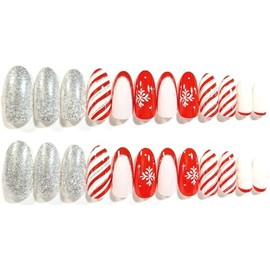Candy Cane Sparkle Glossy Long Oval Press-On Nails - 24 Pieces - Artificial Nails - Christmas Nails