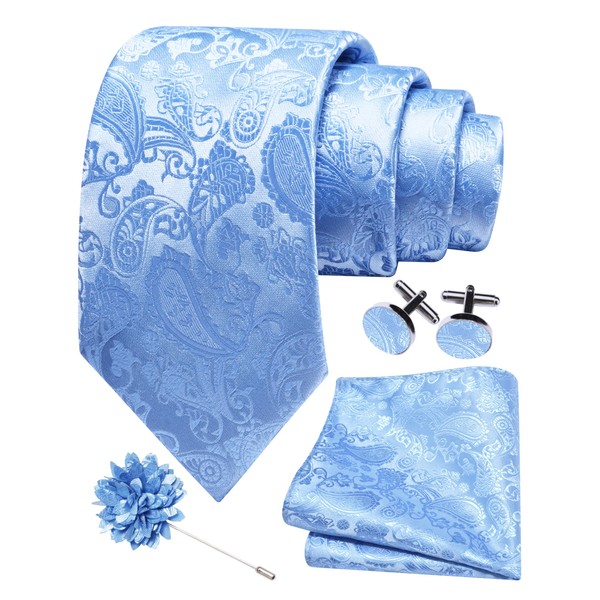 GUSLESON Baby Blue Tie for Men Paisley Fashion Wedding Necktie