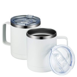 MEWAY - Taza de café de 12 oz con asa, paquete de 2 a granel, vasos de viaje aislados de acero inoxidable con tapa deslizante, taza de camping al vacío de doble pared (Blanco, Juego de 2)